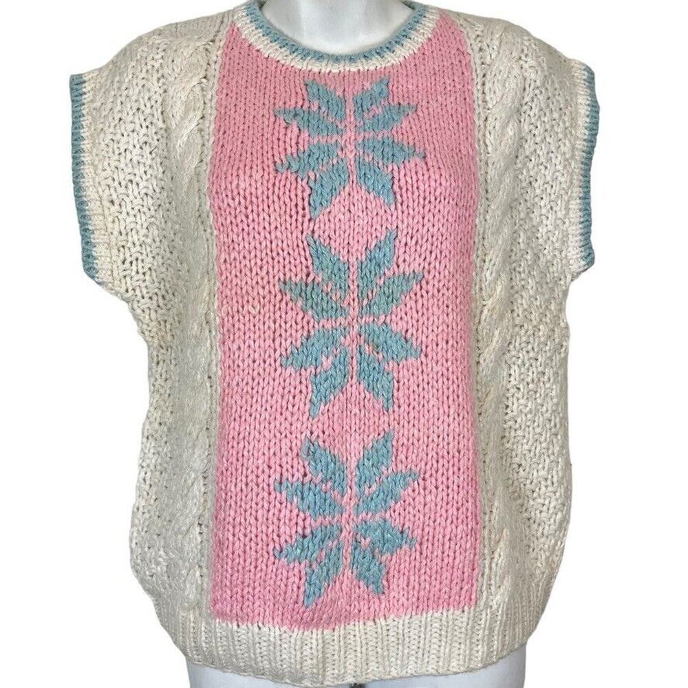 Exclusive Imports Hand Knit Womens Vintage Pink Blue Chunky Cable Knit Sweater S
